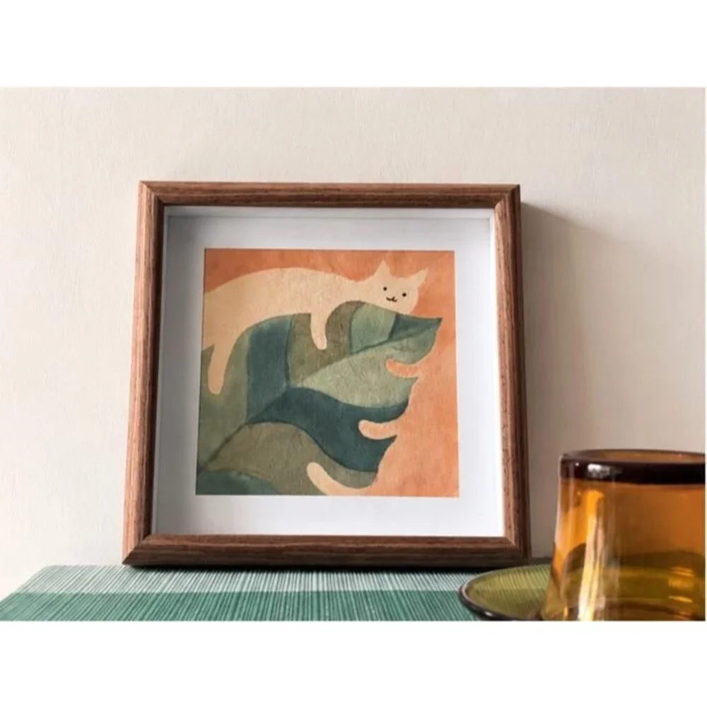 Lazy Cat Tropical Leaf Batik Wall Art, Handmade Cat Art Decor, Cat Lover Gift